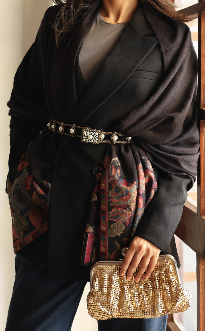 Rose Black Kani Stole