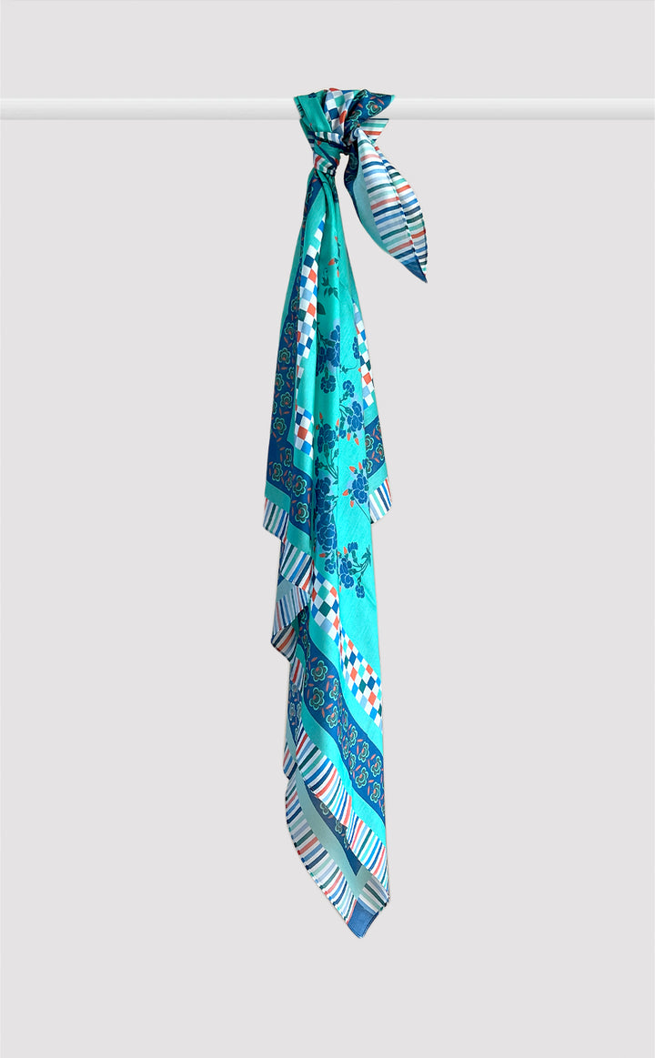 Turquoise Floral Checks Scarf