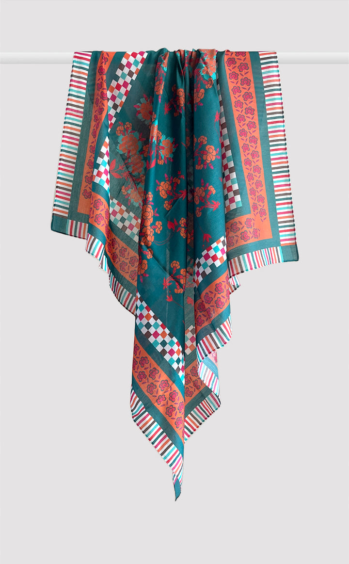 Teal Floral Checks Scarf