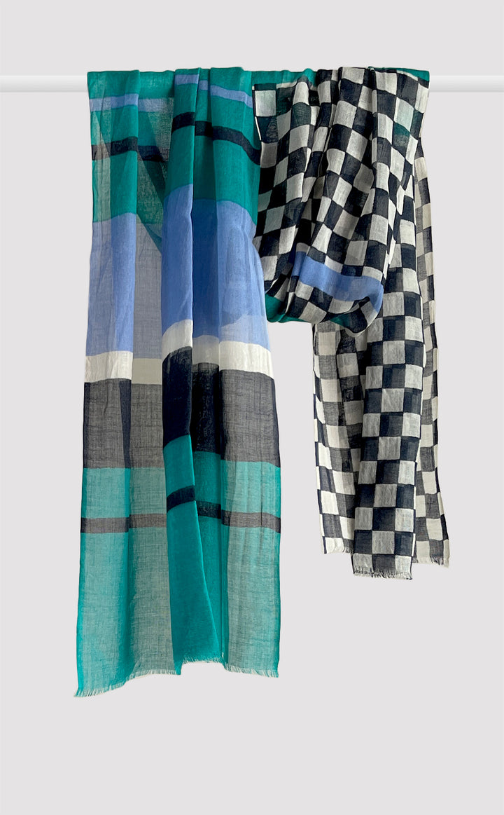 Teal Checks Wool Printed Stole