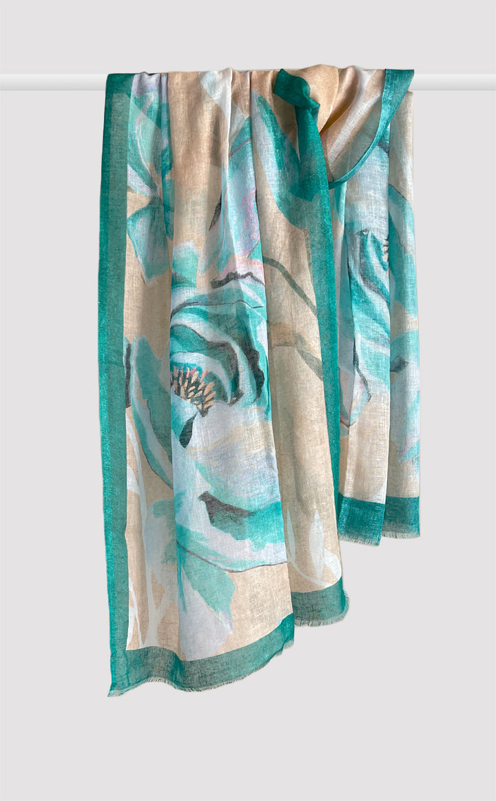 Teal Peony Linen Modal Stole
