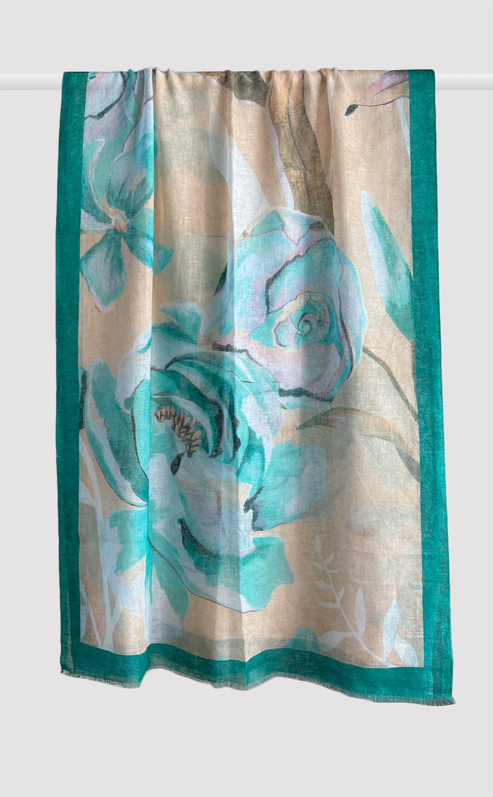 Teal Peony Linen Modal Stole