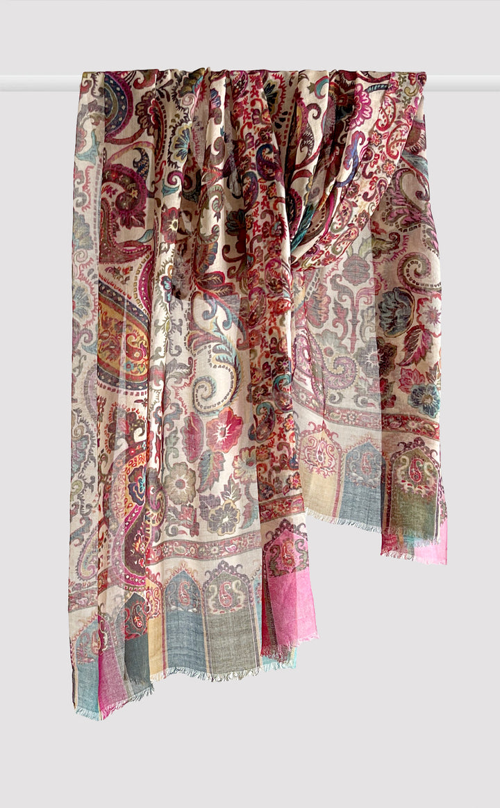 Floral Ivory Wool Silk Stole