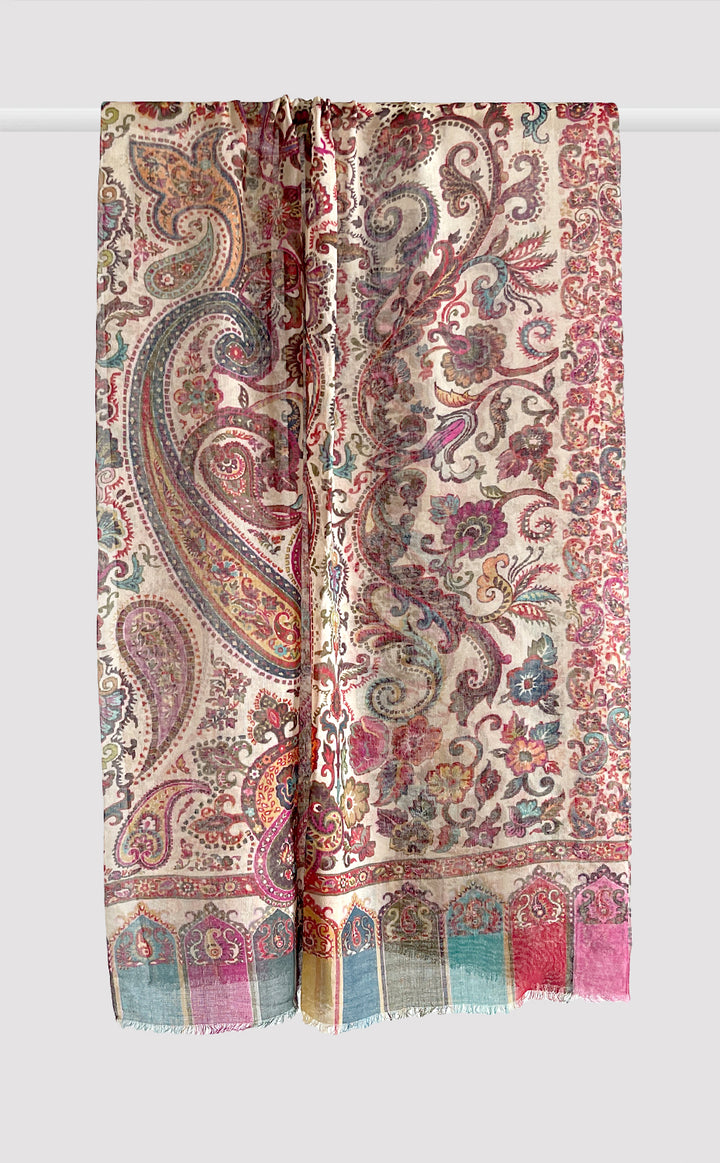 Floral Ivory Wool Silk Stole