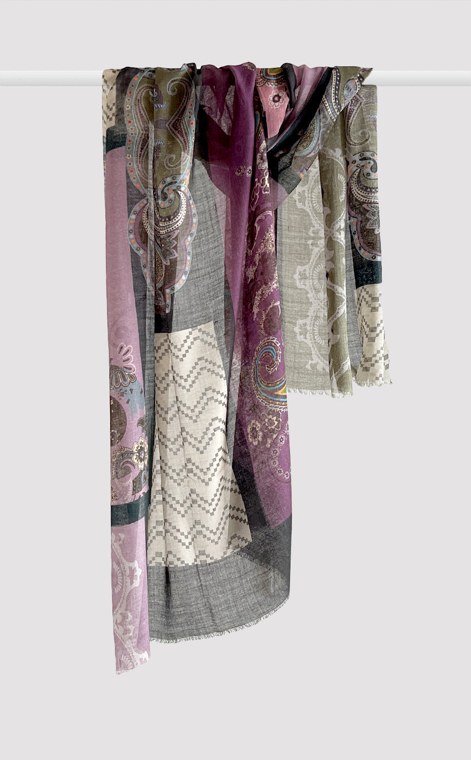 Mauve Paisley Patchwork Wool Silk Stole