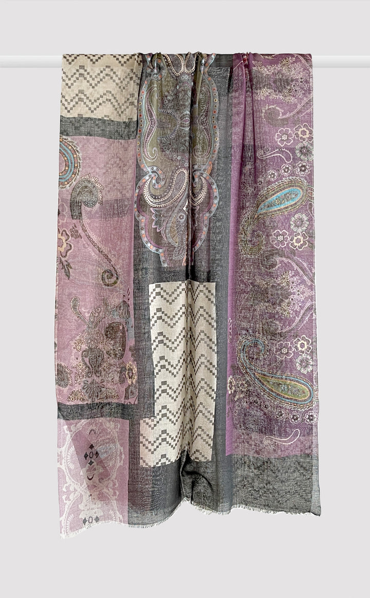 Mauve Paisley Patchwork Wool Silk Stole