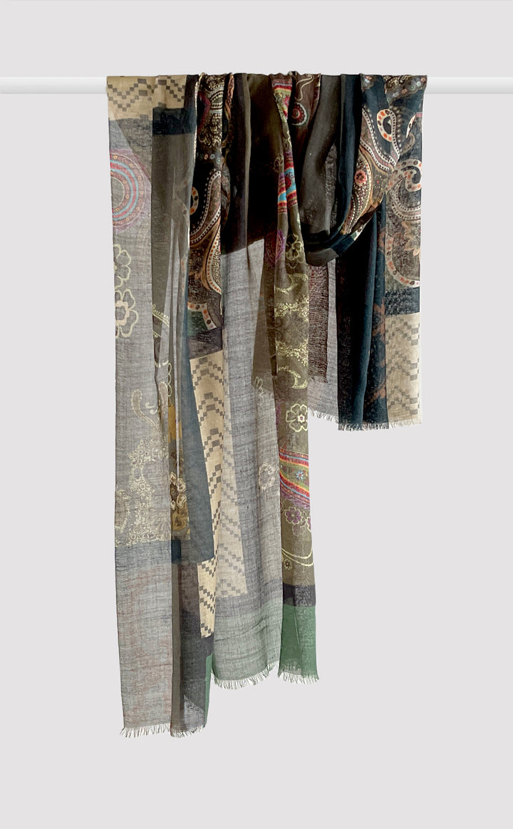 Earthy Paisley Patchwork Wool Silk Stole