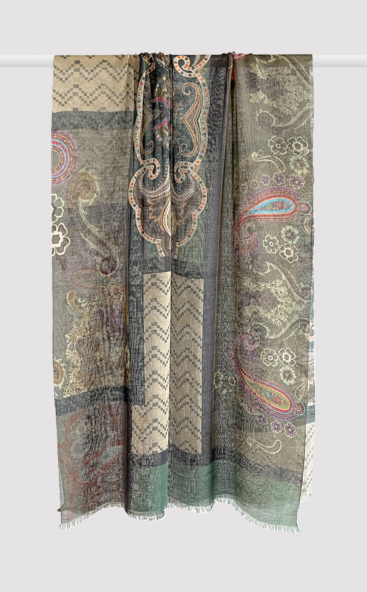Earthy Paisley Patchwork Wool Silk Stole