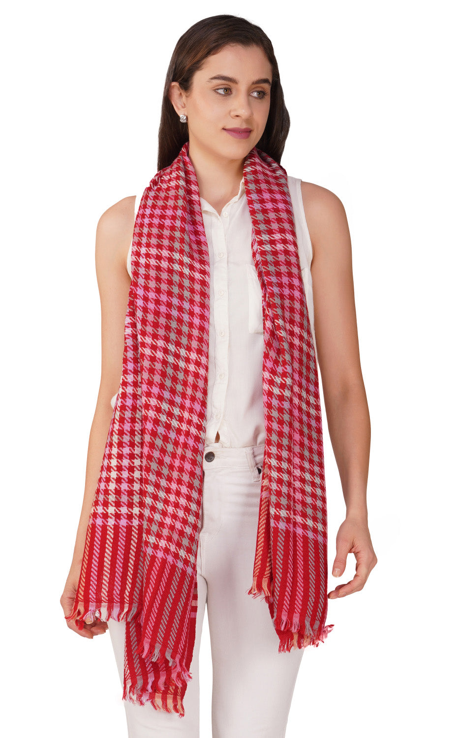 Rouge Houndstooth Weave Merino Jacquard