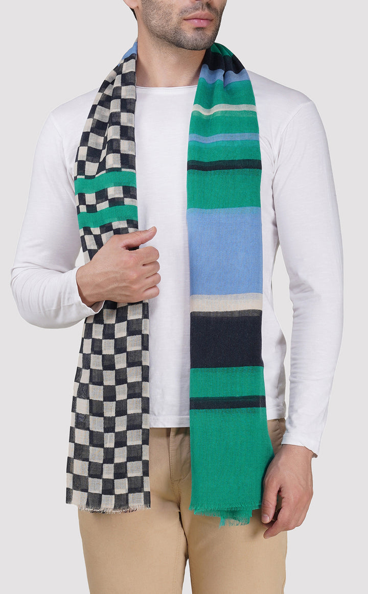 Teal Checks Wool Printed Stole