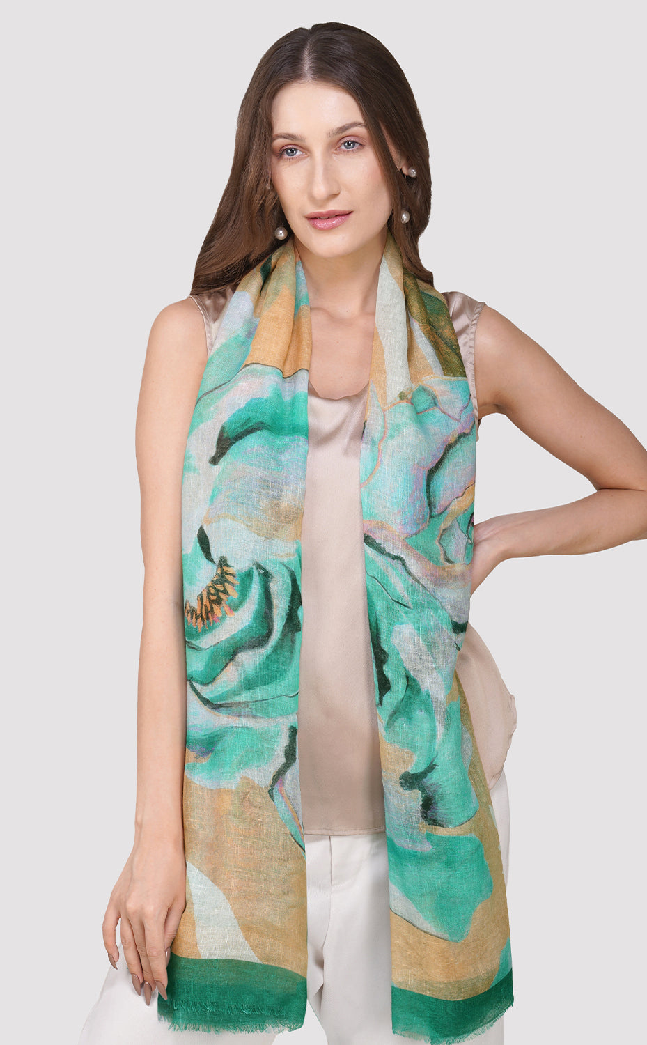 Teal Peony Linen Modal Stole