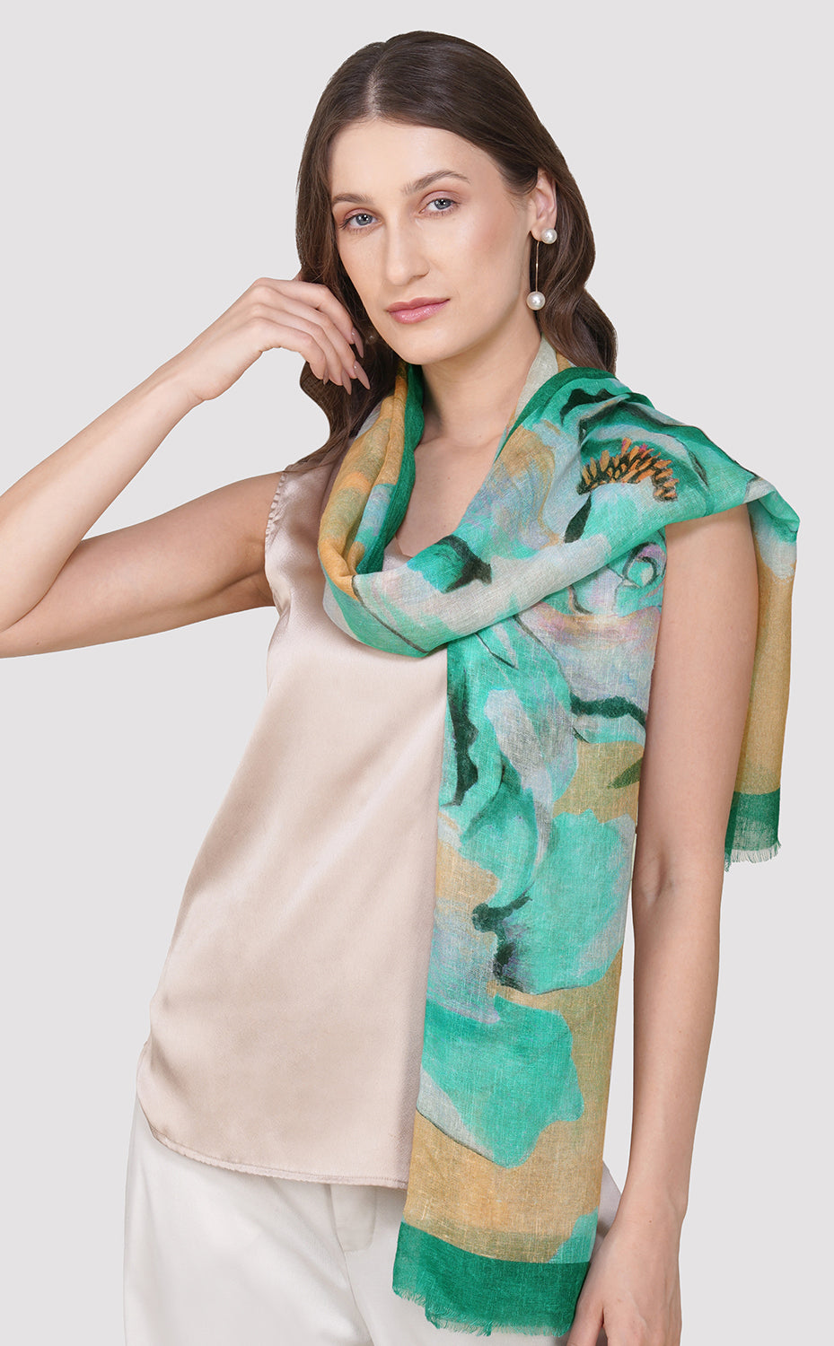 Teal Peony Linen Modal Stole