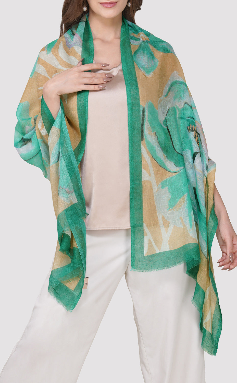 Teal Peony Linen Modal Stole