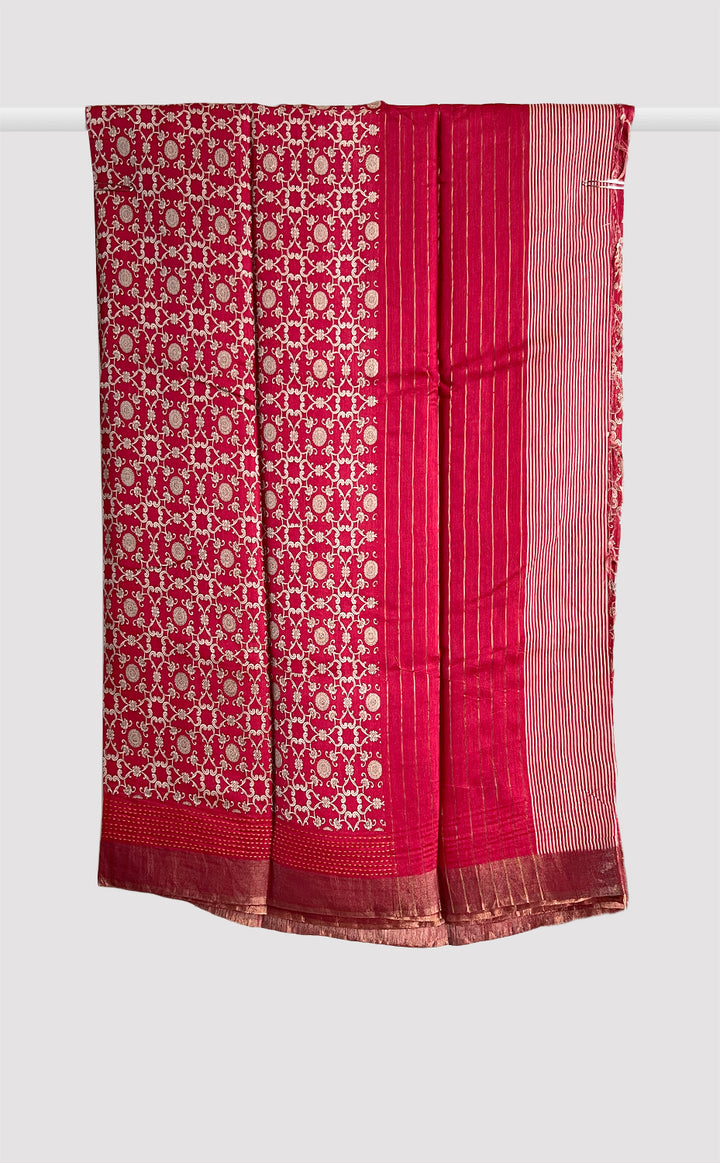 Tussar Kantha Red Swirl Saree
