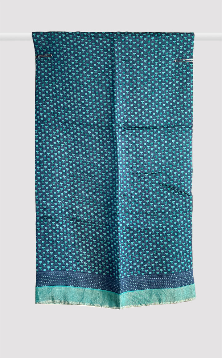 Tussar Kantha Teal Palmette Flourish Saree