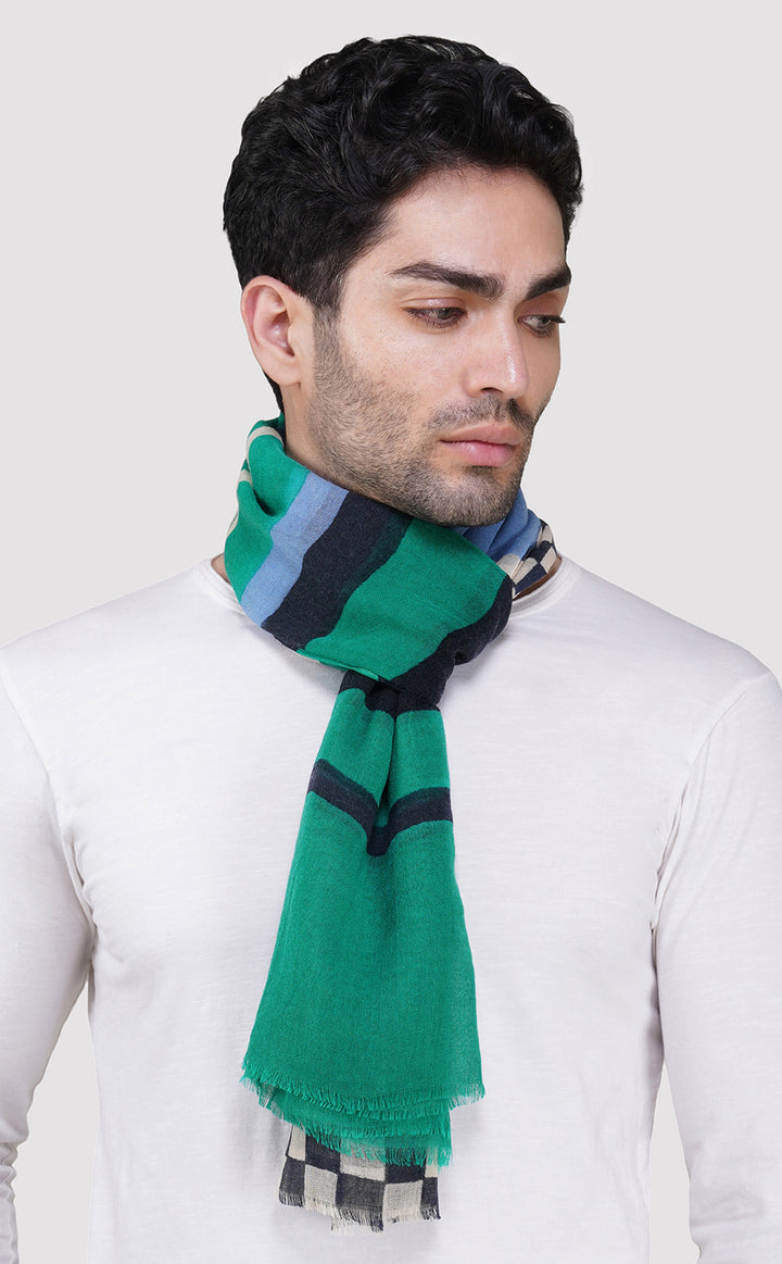 Teal Checks Wool Printed Stole